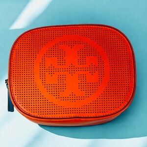 Tory Burch Orange Perforated Double T Cosmetic Bag